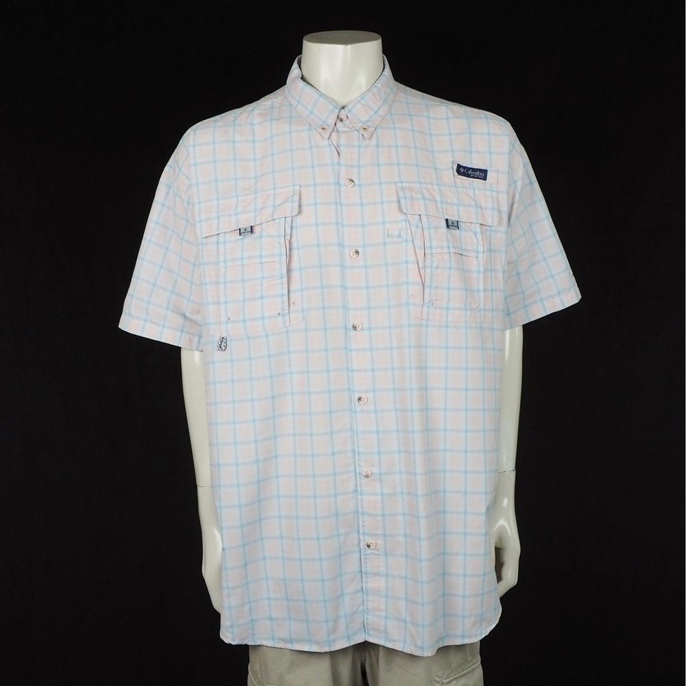 Columbia PFG Super Bahama Fishing Button Shirt Mens 2XL XXL Pink Plaid Vented